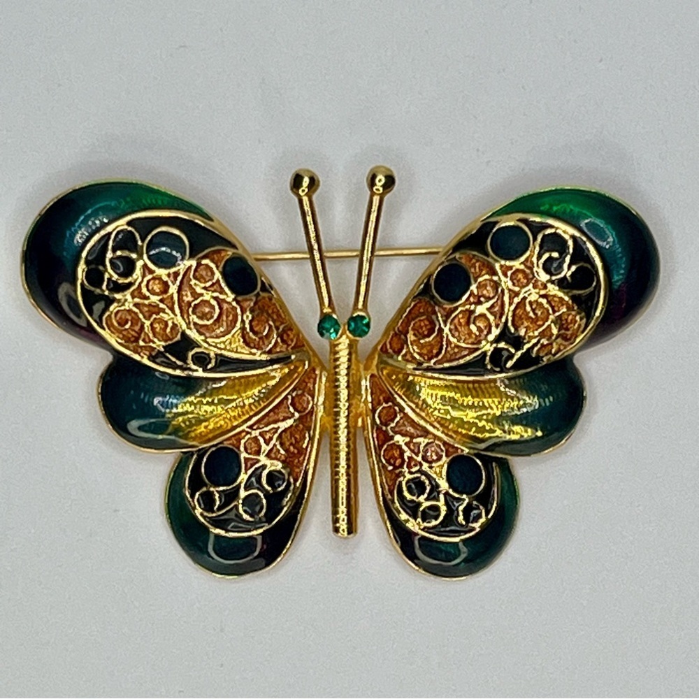 Gold Enamel Butterfly Brooch with Emerald Green Eyes